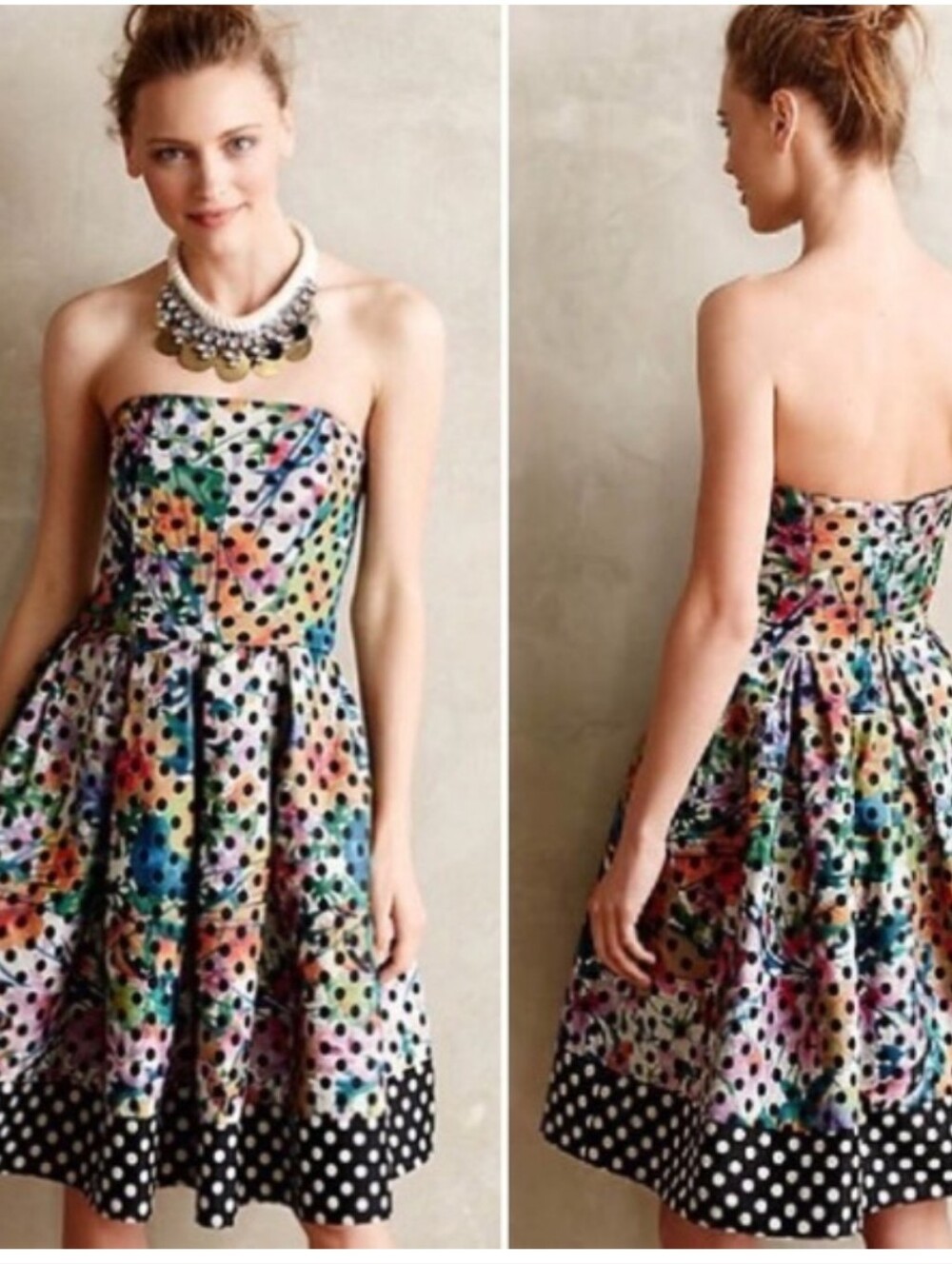 Anthropologie Strapless Floral & Polka Dot Multicolor Dress